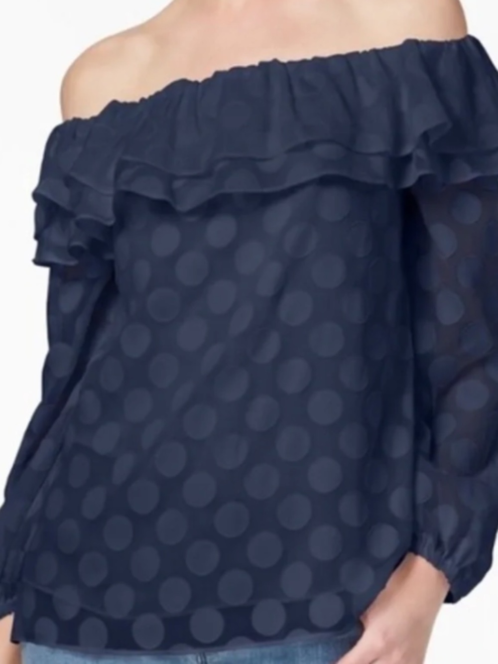 Michael Michael Kors Navy Sheer Polka Dot Ruffle Blouse Medium